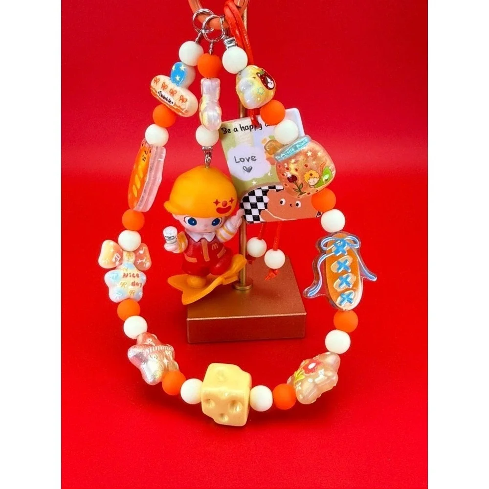 Handmade OOAK 3-Layer Orange Kawaii Burger Mascot Keychain Wristlet Bag Charm